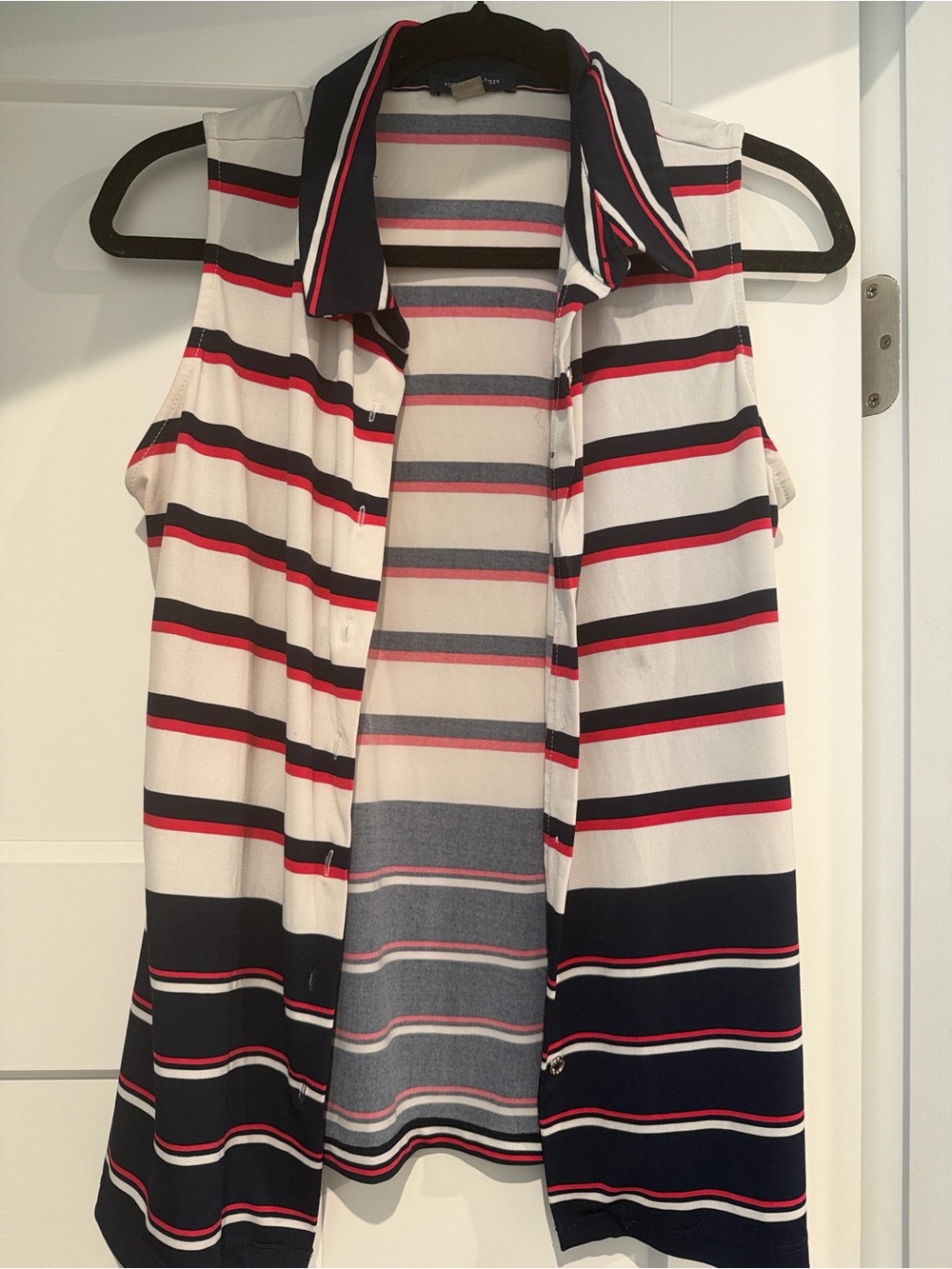Tommy Hilfiger Sleeveless Striped Polo Top in Navy, White & Red